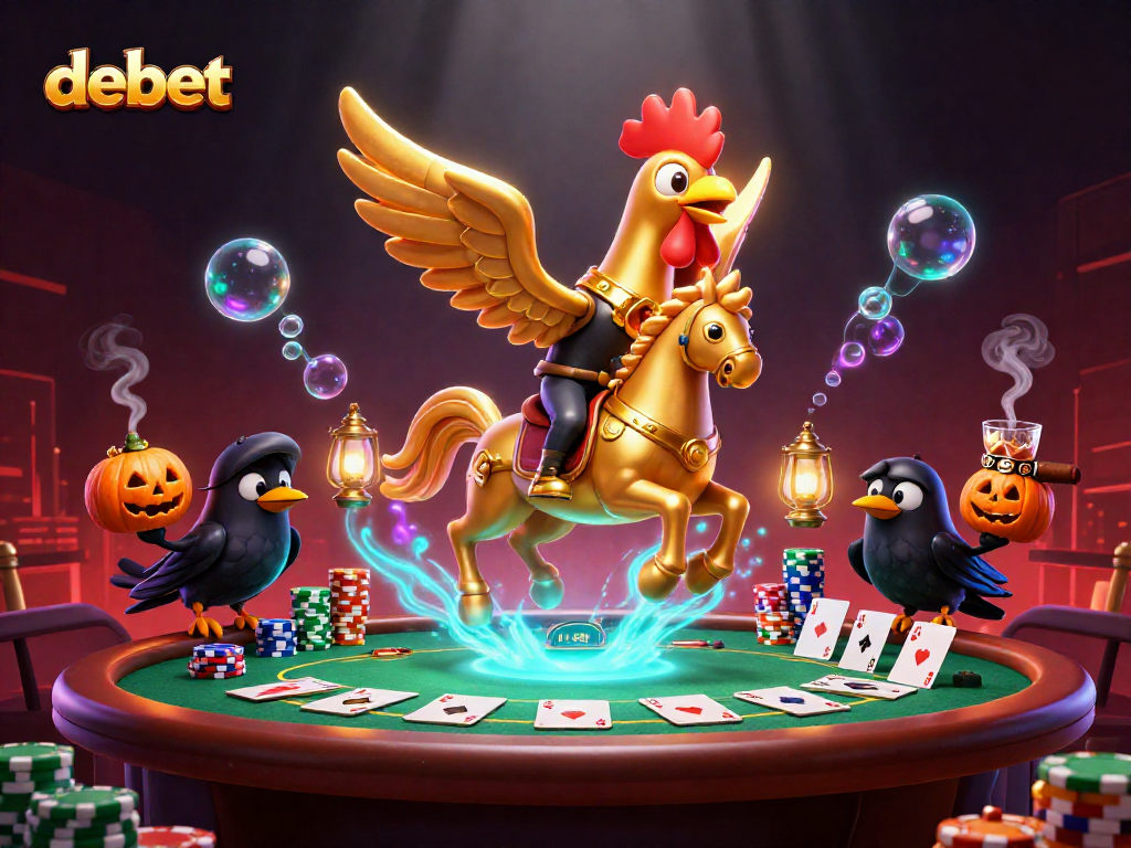 Engage in thrilling casino games with debet's vibrant 3D illustration of a golden rooster and poker elements.