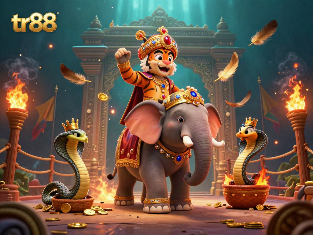 Experience slots excitement with tr88's vibrant, jewel-encrusted 3D illustration featuring a regal tiger and elephant.