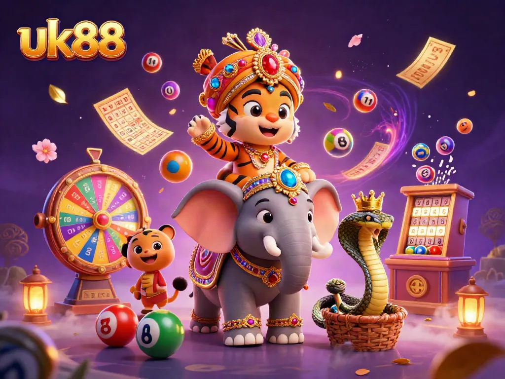 Experience thrilling gambling excitement with uk88 in a vibrant, colorful 3D illustration.