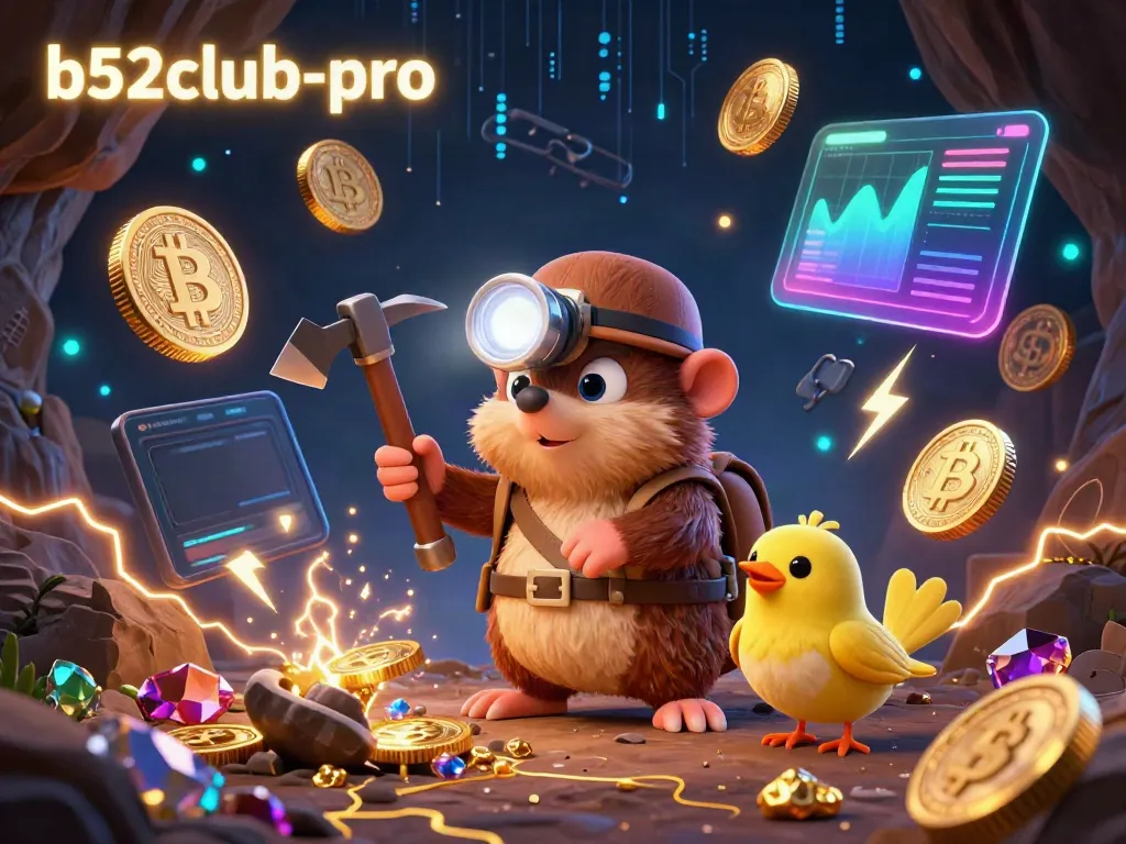 Experience thrilling gambling with b52club-pro's vibrant casino illustration featuring a treasure hunter mole and crypto elements.