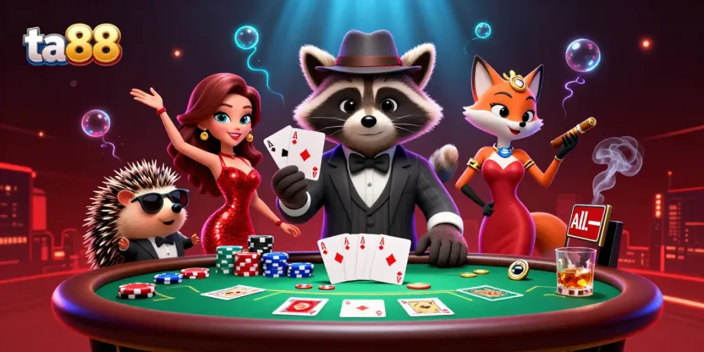 Engaging ta88 poker scene with vibrant characters and rich game elements for ultimate gambling experience.