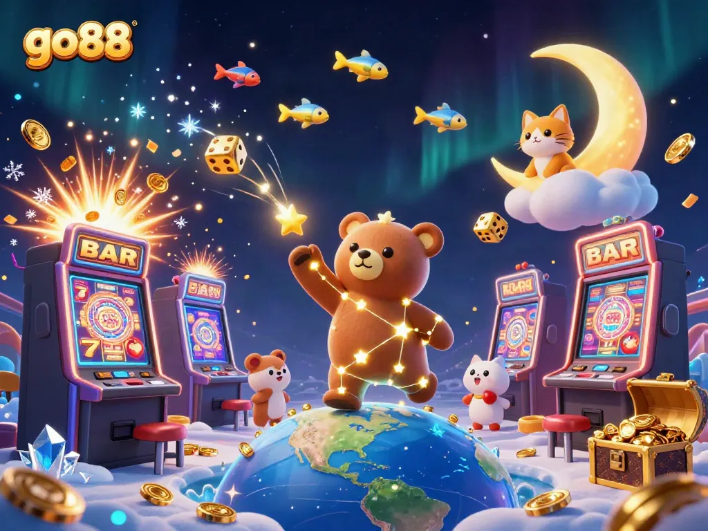 Experience thrills with go88, showcasing a 3D bear and vibrant casino elements bursting with excitement.